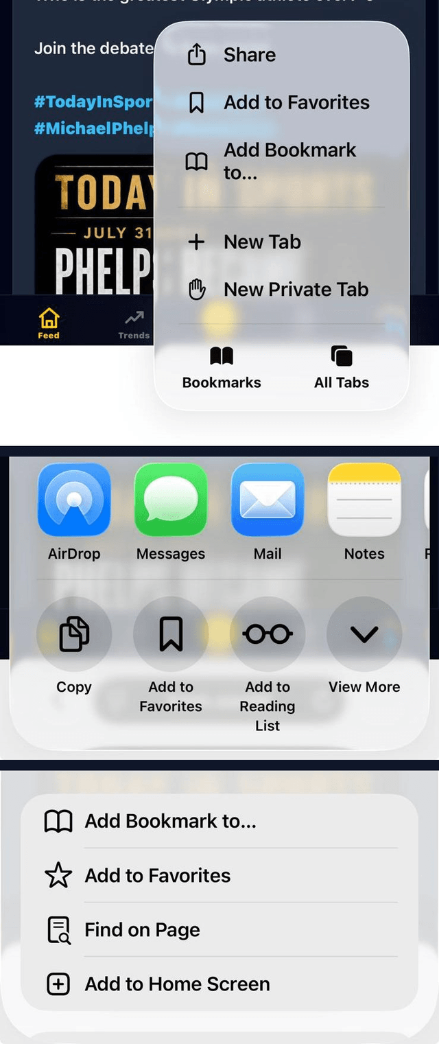 Three cropped Safari screenshots showing the KRON install steps: the Share menu, the View More option in the share sheet, and the Add to Home Screen option in the expanded list